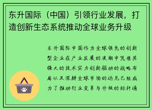 东升国际（中国）引领行业发展，打造创新生态系统推动全球业务升级